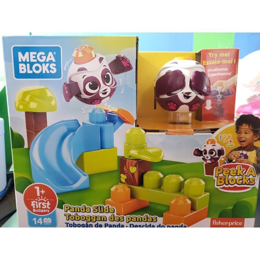 MEGA BLOKS Peek-A-Blocks Panda Slide Building Set 14 Pcs Age 12 Months + NEW